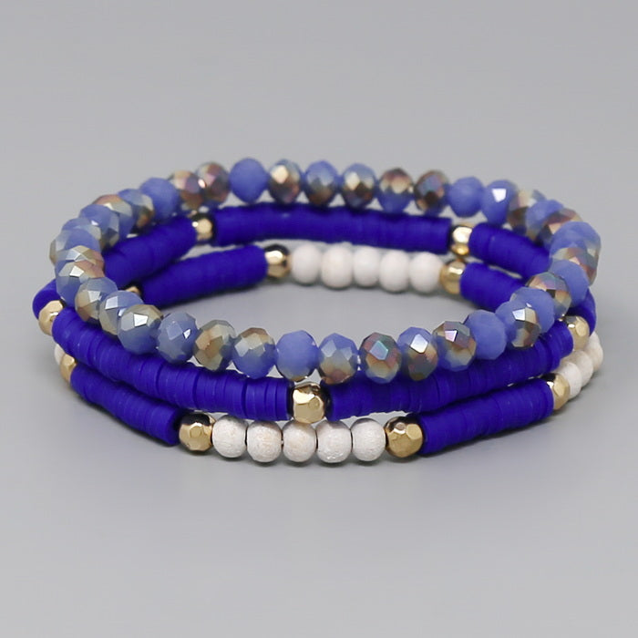 Handmade Polymer Clay Beads Stretch Bracelets Sets, with Brass Rhinestone & Brass Beads, Violet, Inner Diameter: 2~2-1/8 inch