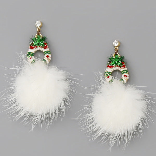 Christmas Door Wreath Fur Pom Earrings – US Jewelry House