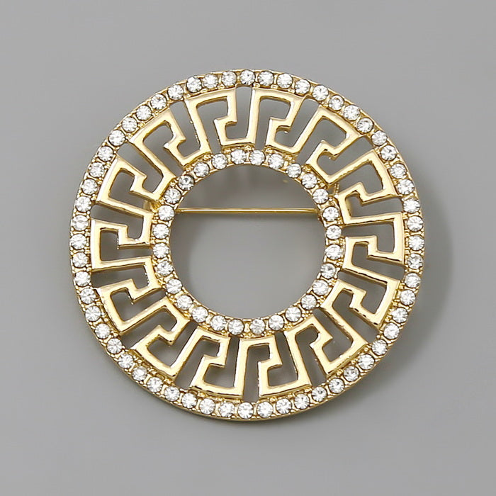 Greek Pattern Glass Stone Embellished Brooch Pin
